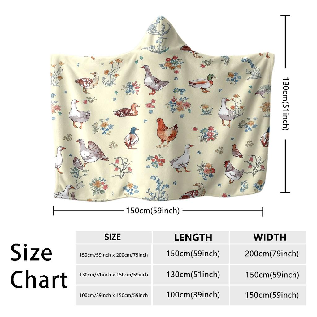 1pc pastoral duck and rooster floral pattern flannel hoodie wearable cape blanket multiple sizes washed