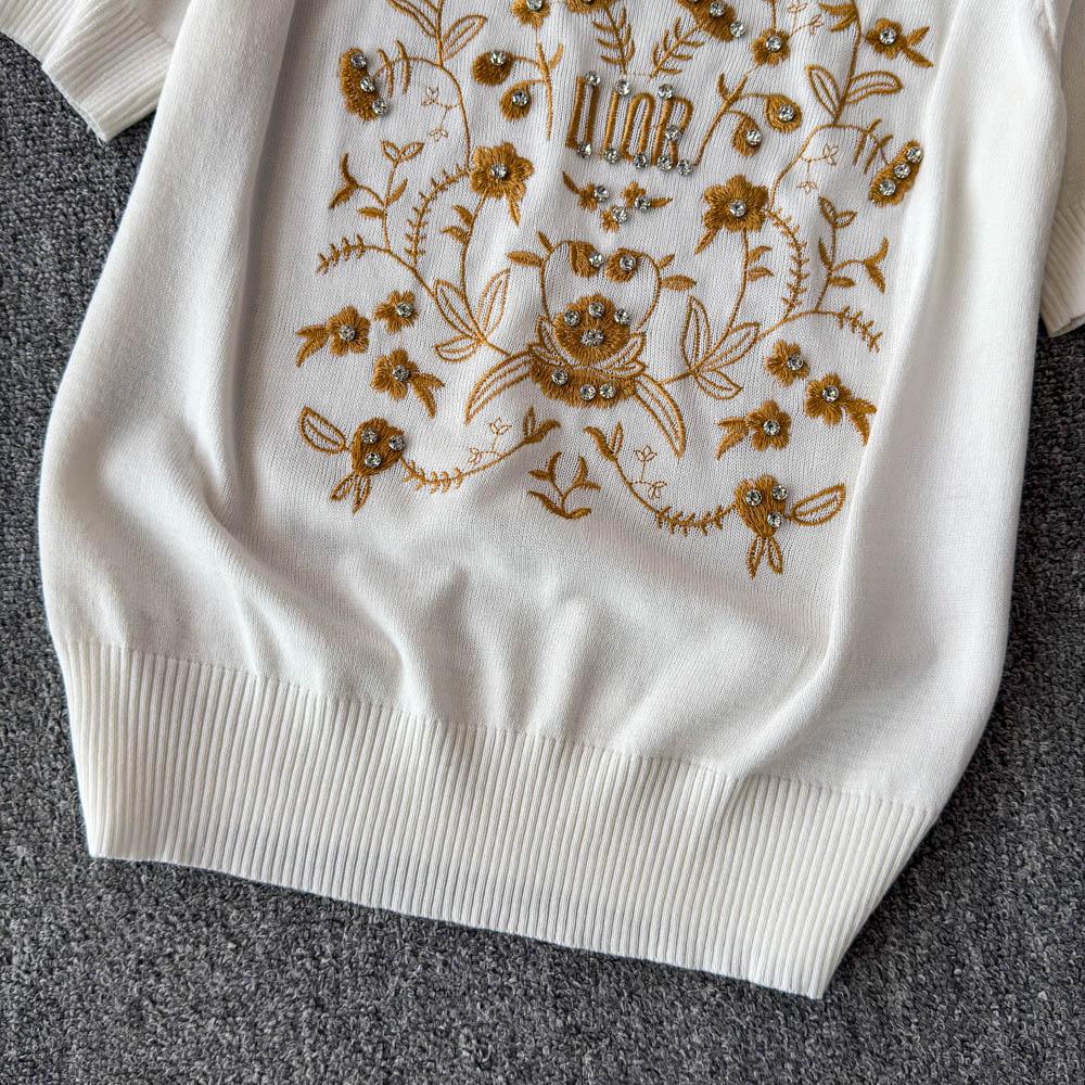 Summer Women O-neck Designer Embroidery Flower Beading Diamonds Knitted Sweater Pullover Tops Tshirt