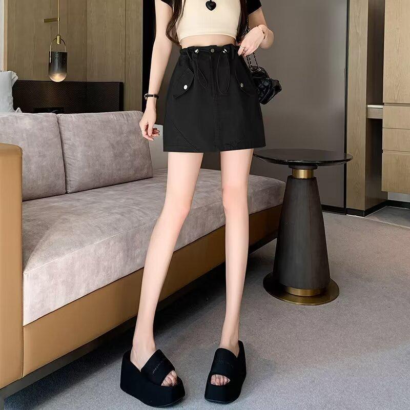 Women's High Waist Gray Workwear Mini Skirt with Drawstring Design