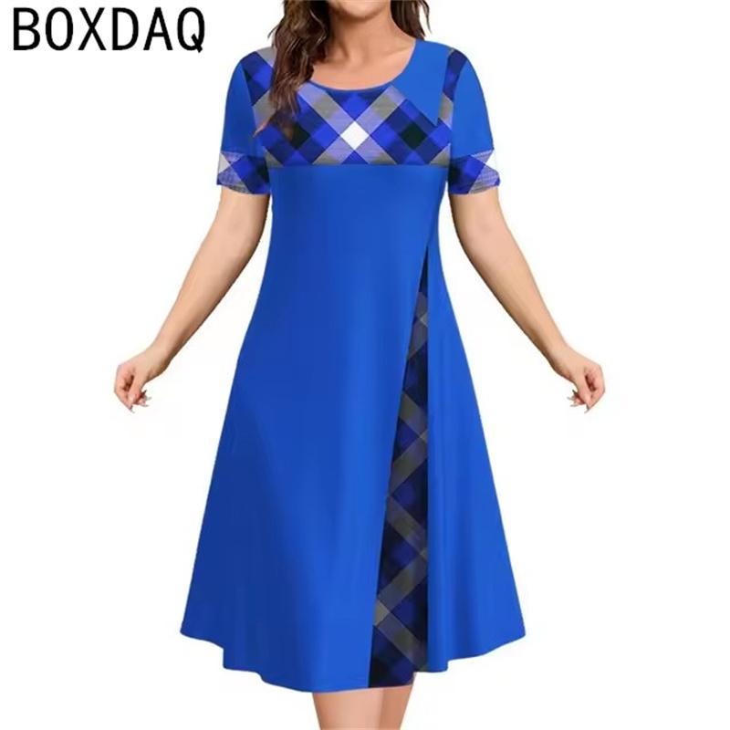 Womens Vintage Dress 3D Plaid Print A-line Dress Summer Short Sleeve O-Neck Casual Dress Lady Oversized Vacation Elegance Dress