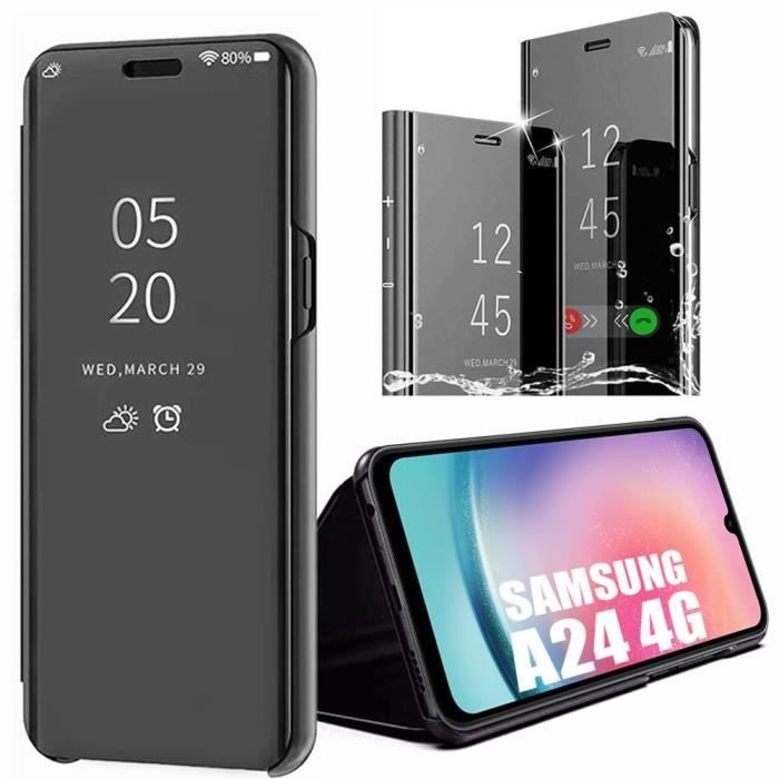 Pack of 2 Tempered Glasses + Case for Samsung Galaxy A24 - Black Full Mirror Effect Elegant Anti-scratch Protection