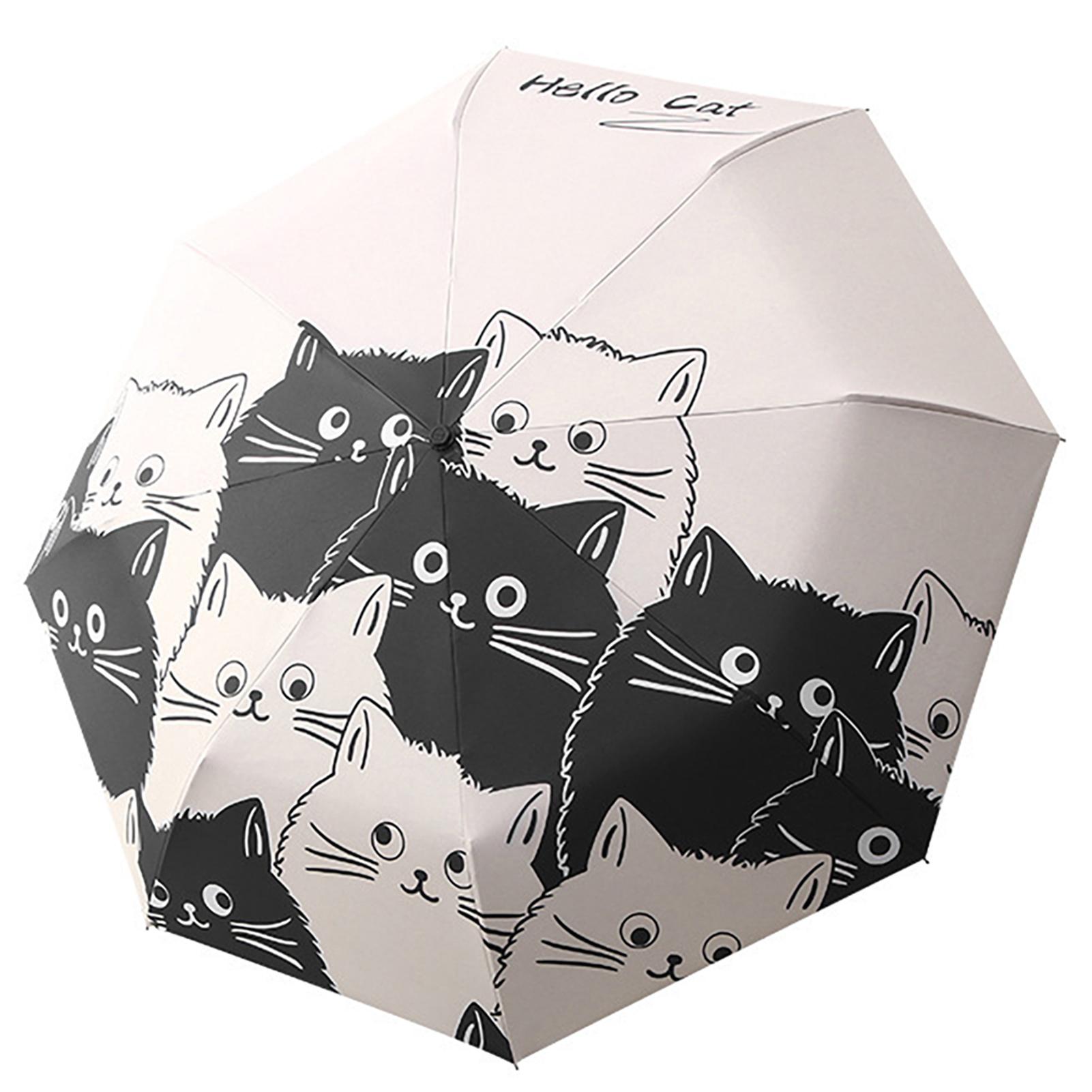 

Солнечный зонт с защитой от УФ-лучей, автоматический складной зонт от дождя с эргономичной ручкой, мультяшный стиль с котиком, легкий, малый, компактный размер черный белый