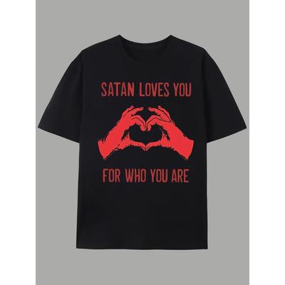 Satan Loves You Gothic Tshirt Black And Red Devils Love Hand With Satan Ritual Text Print Unisex Short Sleeved Tshirt