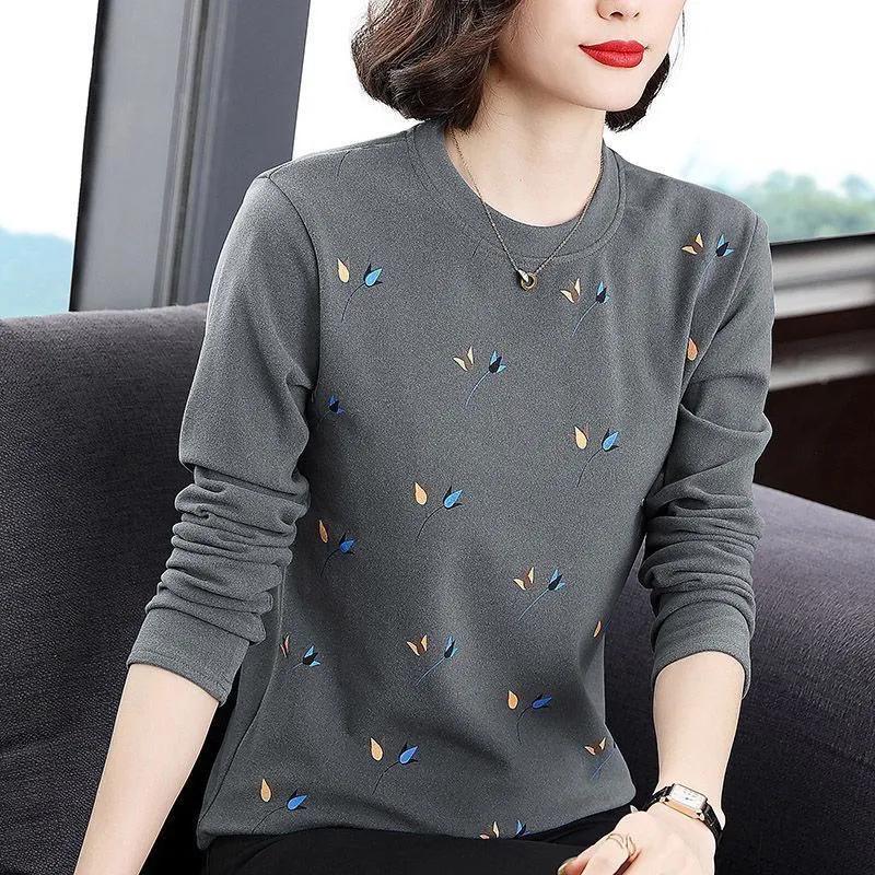 Women's Clothing Tops O-Neck Long Sleeve Thick Office Lady Commuter Autumn Winter Casual Printed All-match T-shirt
