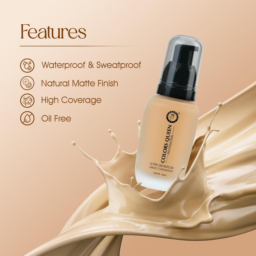 Colors Queen Ultra Definition Liquid Foundation | Lightweight & Long Lasting Full Coverage with Dewy Finish | Easy To Blend, Waterproof & Sweat Pro