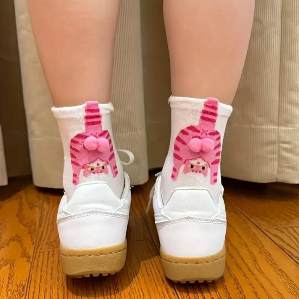 5 Pairs 3D Paws Cat Socks with Jingle Bell Collar & Fluffy Tail - Thick Thermal Winter Knee-High/Ankle Socks