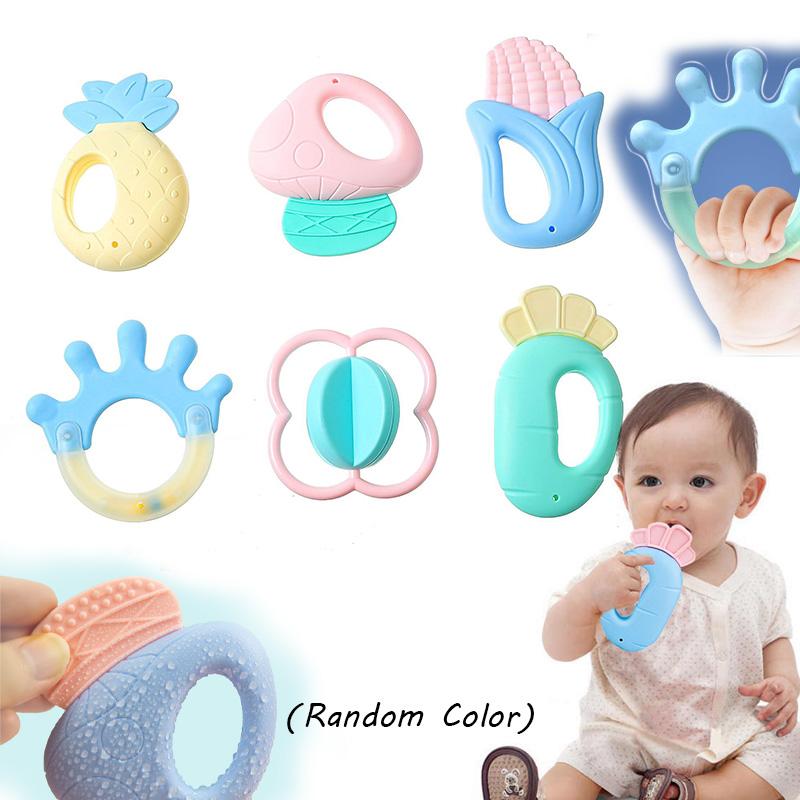Baby 6pcs Silicone Rattle Set Infant Food Shaped Molar Stick Teething Toys Chew