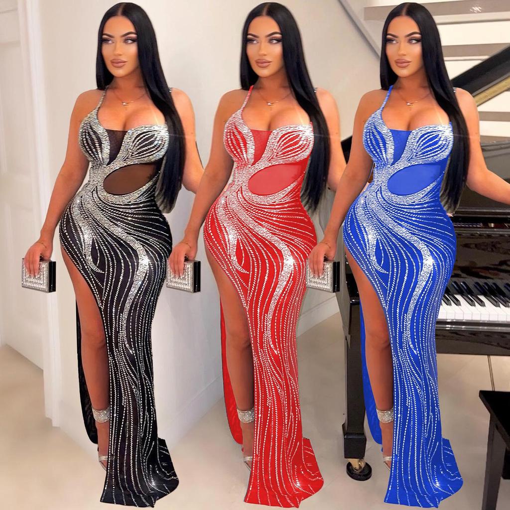 European & American Rhinestone Bodycon Spaghetti Strap Slit Dress for Nightclubs