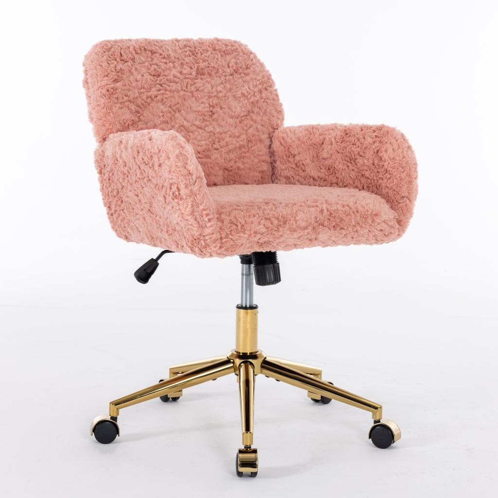 Flauschiger Kunst-Kaninchenfell-Schminktischstuhl, Rosa Höhenverstellbar 360 Grad Drehbar Home-Office-Stuhl mit Armlehne, Goldene Metall-Rollbasis,DE1831PK
