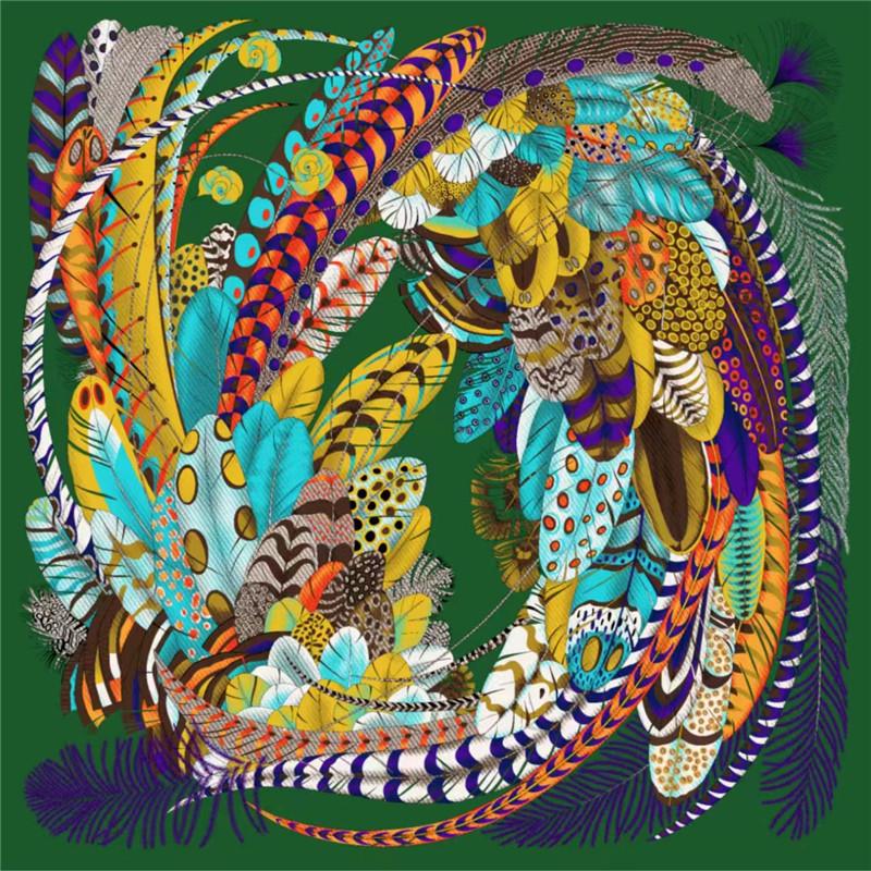 POBING Silk Scarf Women Large Shawls Feather Print Square Bandana Luxury Muslim Hijab Scarves Wraps Female Foulards 130CM
