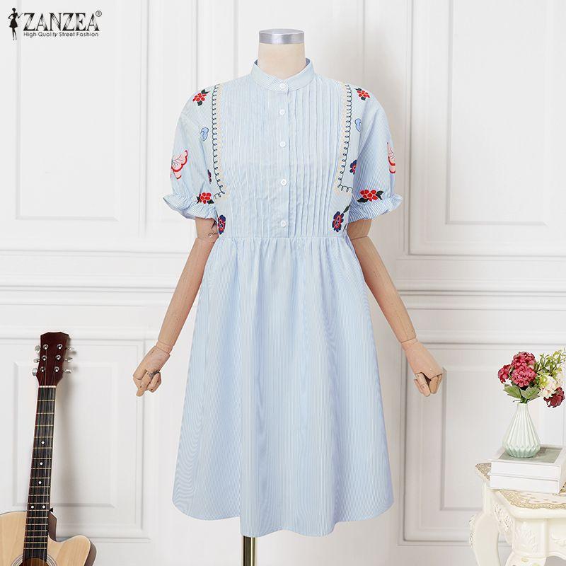 

ZANZEA Summer Women Casual Stand Collar Print Short Sleeve Long Dress 5XL синий