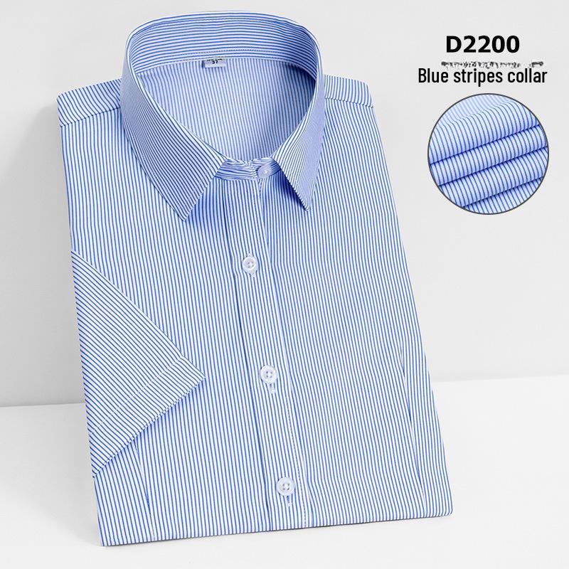 Camisa Social Feminina Slim Fit de Manga Curta - Branca com Listras Azuis, Sem Ferro, Gola V.