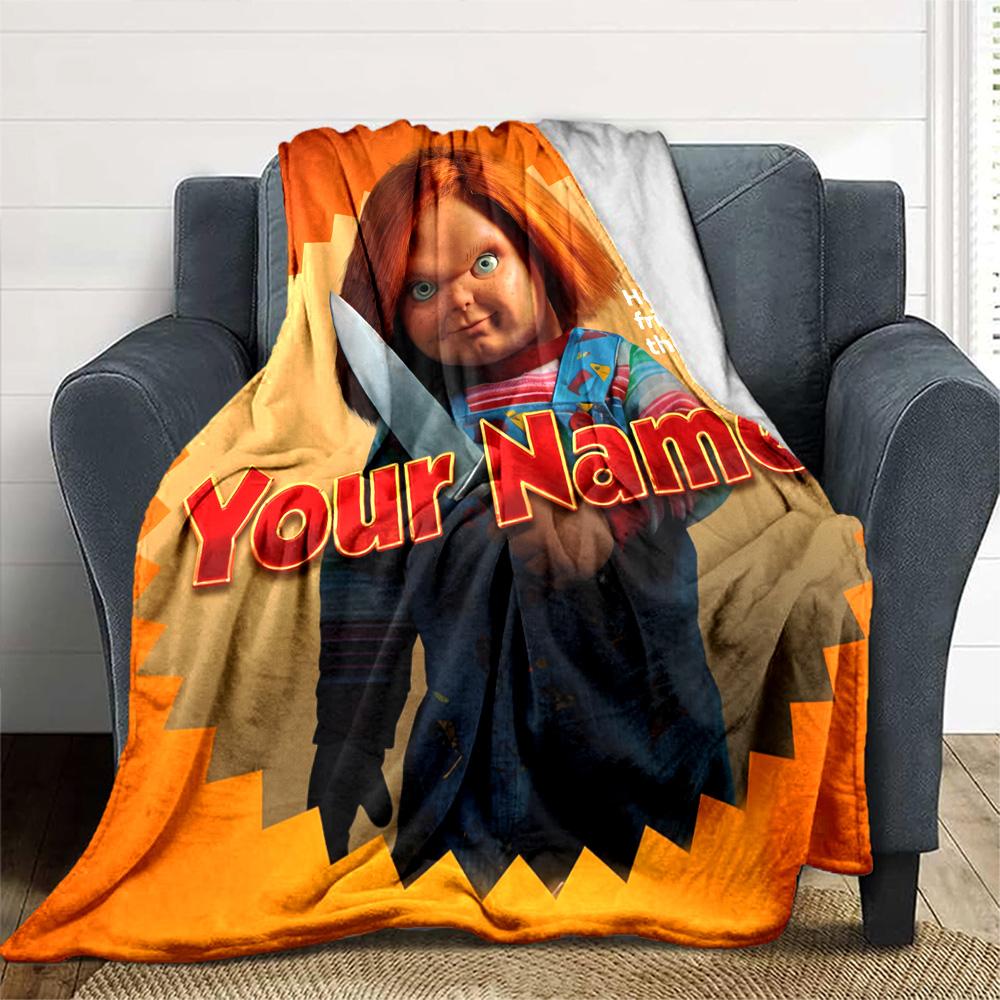 1pc Chucky Blanket with Custom Name, Gift, for Men and Women, Soft Blanket, Good for Sofa Bed Couch Travel, Lightweight Flannel Blanket