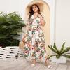 Plus Size V Neck Floral Print Boho Dress Women Summer Short Sleeve Maxi Dresses Holiday A-line Female Belted Dress