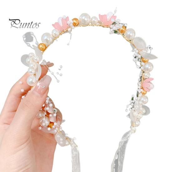 Stirnband für Mädchen, lang, transparentes Band, verstellbar, Kunstperlen-Dekoration, Prinzessinnen-Blumenmuster, Kopfschmuck für Hochzeit, Party, Haar-Accessoires, Geburtstagsgeschenk