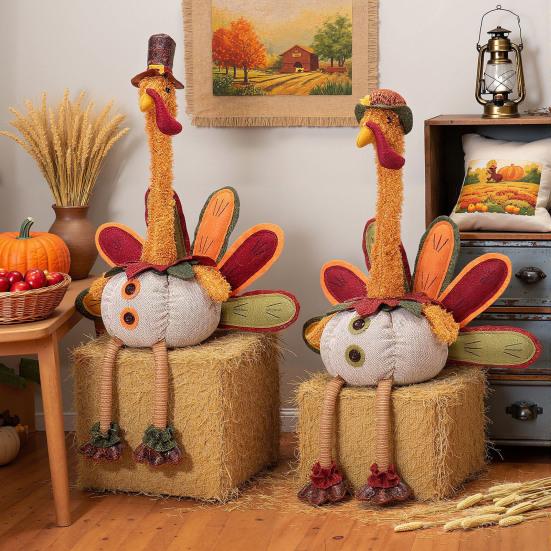 Thanksgiving Turkey Decoration Plush Stuffed Turkey Doll with Retractable Neck Stretchable Sitting Turkey for Fall Autumn Harvest Home Table Decor