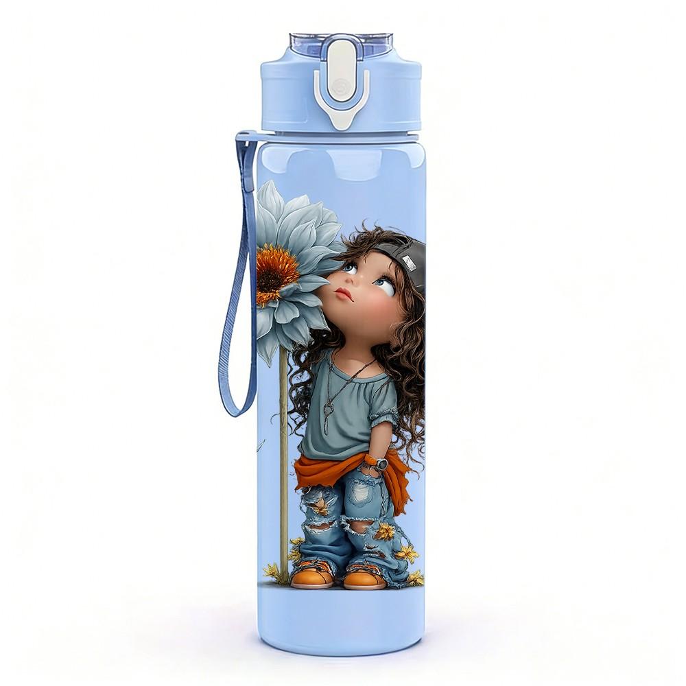 1PC Girl Hugging Big Sunflower Flower Print 750ml Color Plastic Sports Water Bottle Leakproof Flip Straw Lid Suitable for Sports Office Home Use