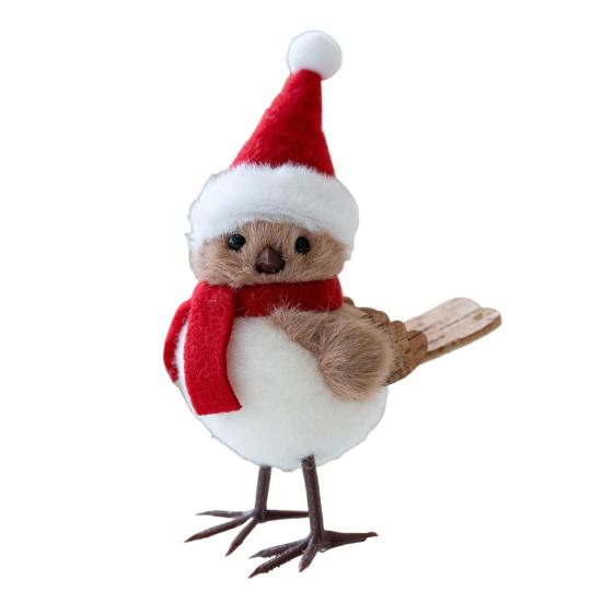 Cute Fluffy Plush Foam Bird Christmas Tree Ornament Simulated Bird Figurine with Red Hat And Scarf for Christmas Tree Mantel Desk Decoration