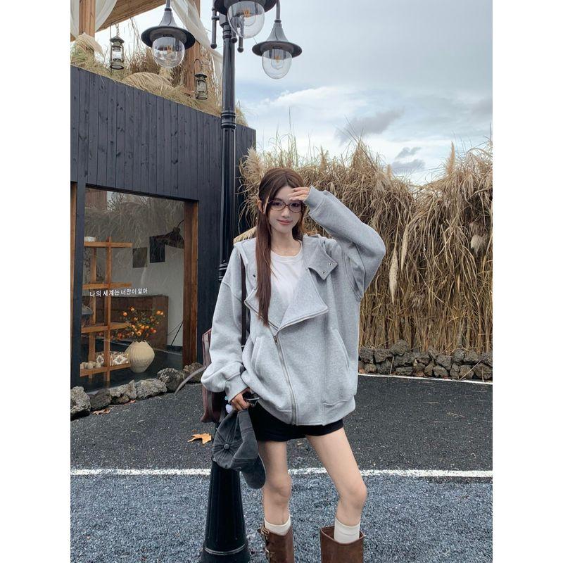 Kumikumi Idle Style Gray Elegant Chic Hooded Long Sleeve Sweater Women Fall Loose Versatile Casual Top