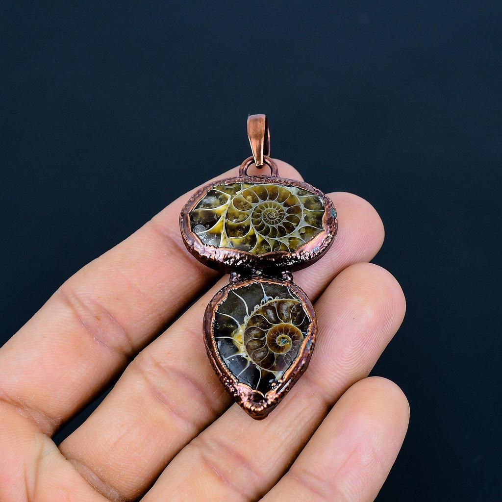 Ammonite Fossil Copper Electroformed Pendant, Handmade Gemstone Jewelry Pendant For Memorial Day