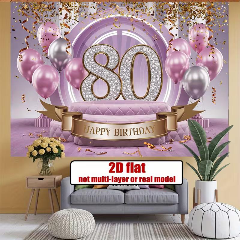 2D Purple Gold 80th Birthday Banner - Shiny Diamond Number 80 Backdrop for Women s 80th Birthday Photoshoot 47.2x31.5inch/120*80cm