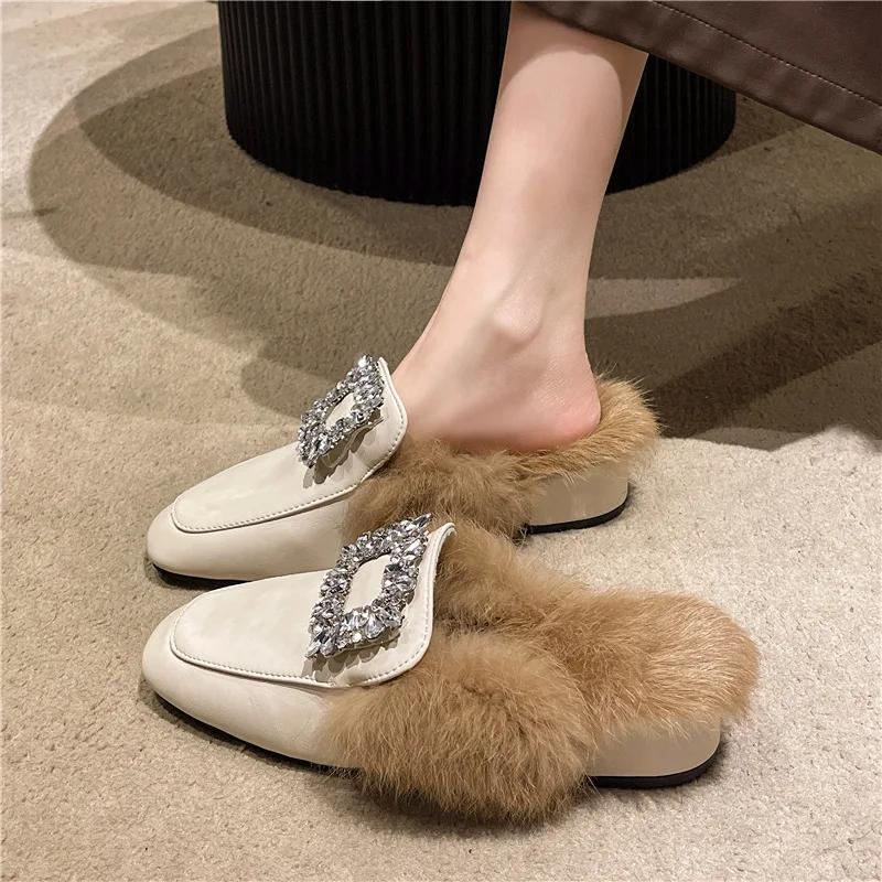 Fashion Baotou Women's Outdoor Slippers 2024 Autumn Fashionable Square Toe Thick Heel One Line Women's Cotton Slippers Zapatos De Mujer