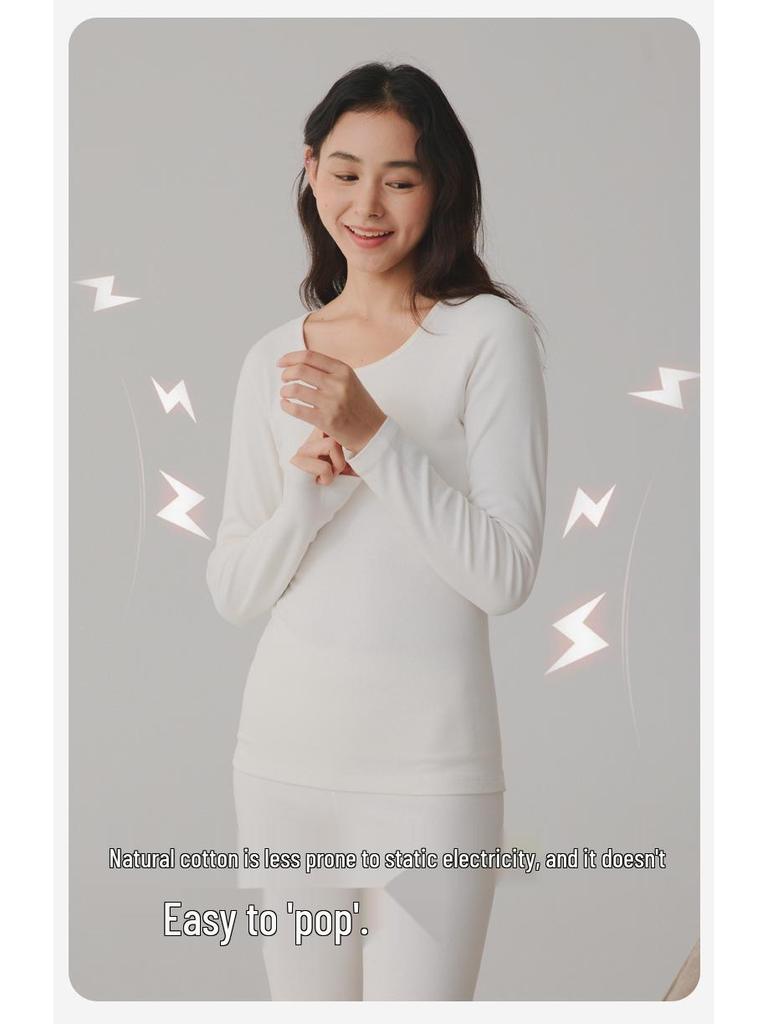 220g 95% Cotton Women's Autumn Warm Set: Antibacterial Round Neck Base Layer & Trousers.