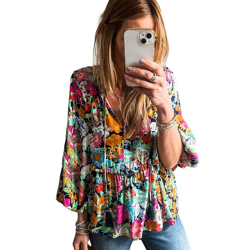 Early Spring New Arrival Florals Print Puff Sleeves Chiffon Shirt Women 2025 Fashion Fashion Color-Block V Neck Pullover Tops