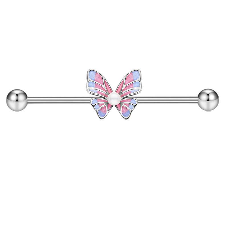 14g Industrial Barbell Pearl & Butterfly Stud Earrings with External Thread for Double Earlobe and Ear Bridge Piercing