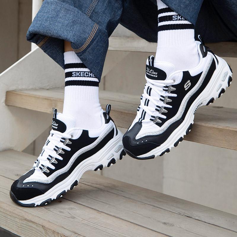 Skechers D'Lites Cushioning Lightweight Height Increasing Low Top Chunky Sneakers Women's Black White (Unisex) Chunky Sneakers 11914 BKW