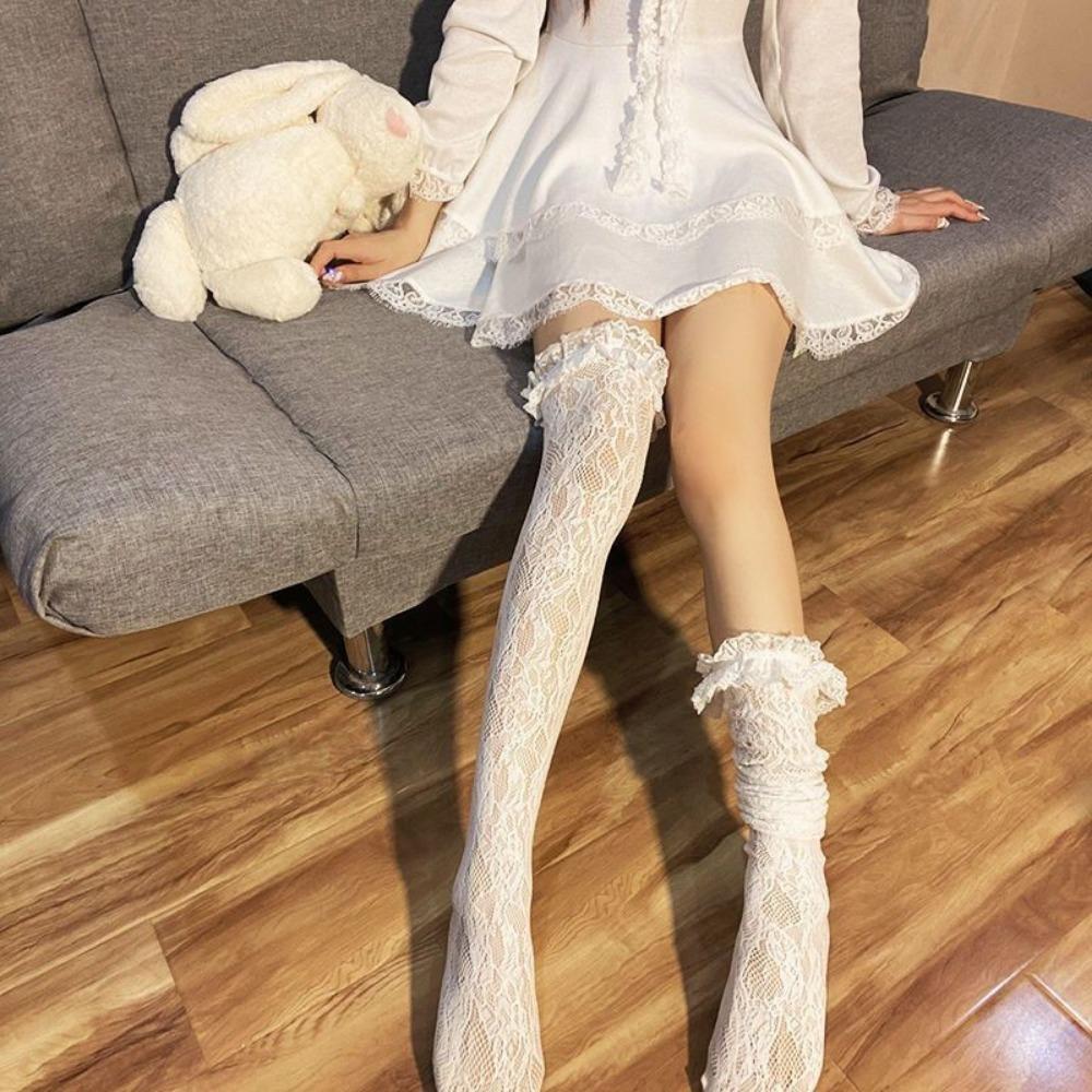 Japanese Lolita Knee Socks Summer Lace Long Tube Black Stockings Cute Jk Calf Socks Women Lolita