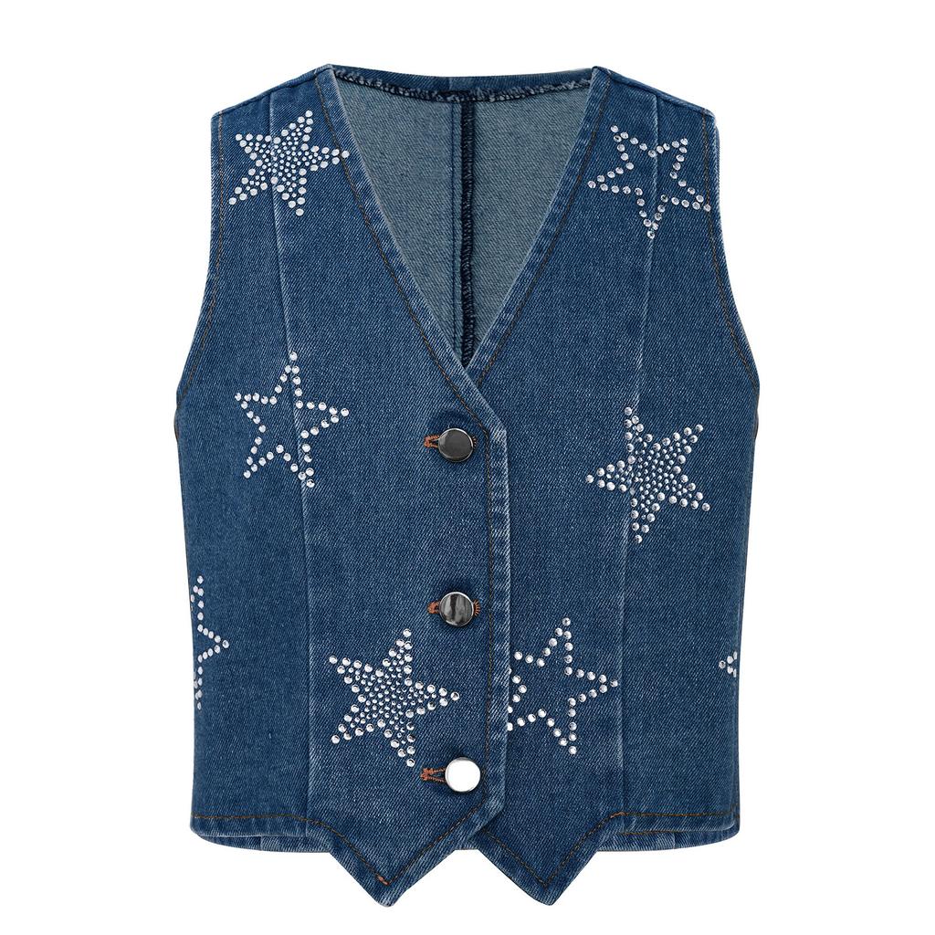 Girls Shiny Rhinestone Stars Denim Vest Buttons Sleeveless Jacket Asymmetrical Waistcoat Birthday Party Top