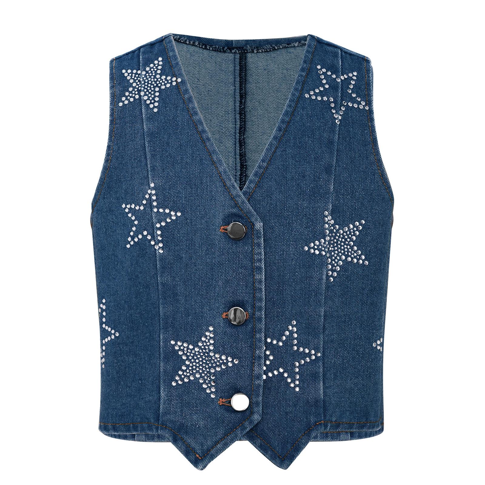 

Girls Shiny Rhinestone Stars Denim Vest Buttons Sleeveless Jacket Asymmetrical Waistcoat Birthday Party Top 5-6 Years синій
