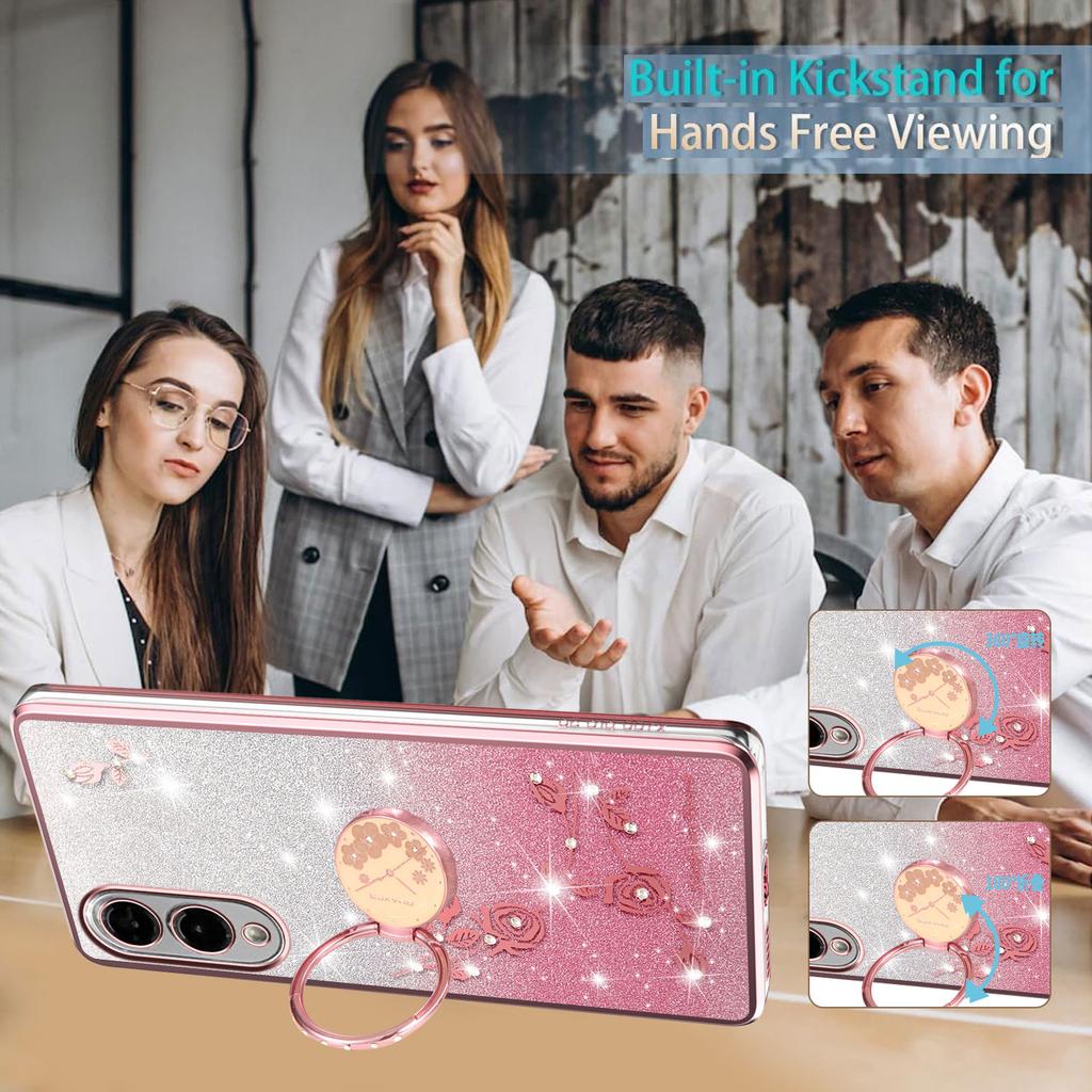 KADEM For Samsung Galaxy S25 Edge Case Ring Kickstand TPU Flowers Phone Cover Gradient Glitter