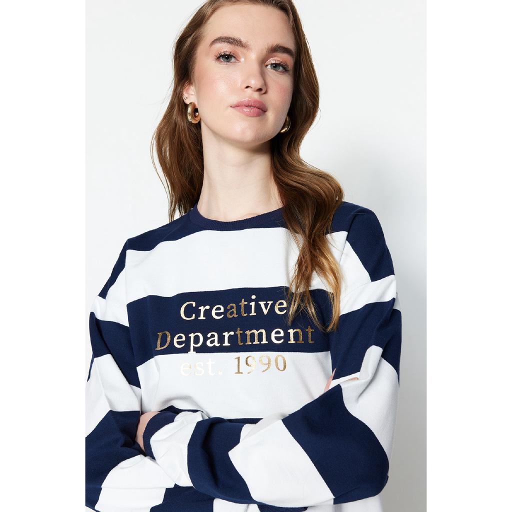 Navy Blue Striped Printed Knitted Tunic Tctss23uk00041