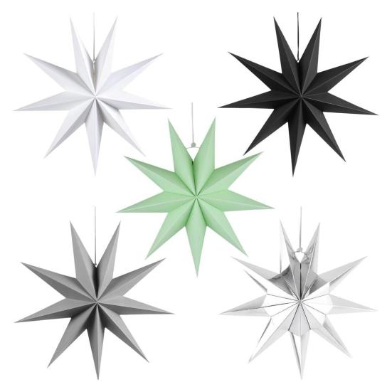 5Pcs Star Lanterns 12-Inch Paper Christmas Ornaments 9 Pointed Hanging Lamp Lampshades Vintage Farmhouse