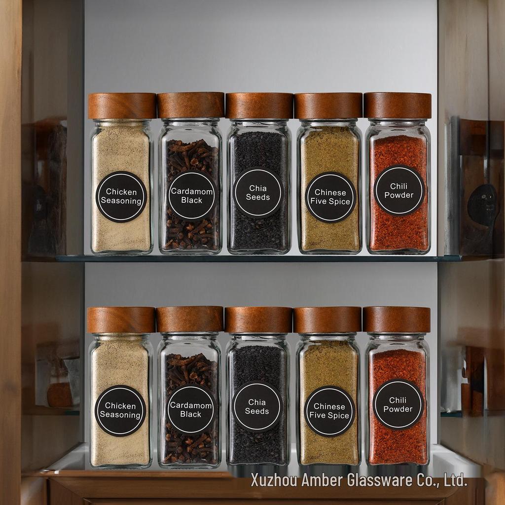 Square Acacia Wood Spice Jar Set – 24-Piece Glass Jars with Pepper Powder Sprinkler, 40oz Capacity