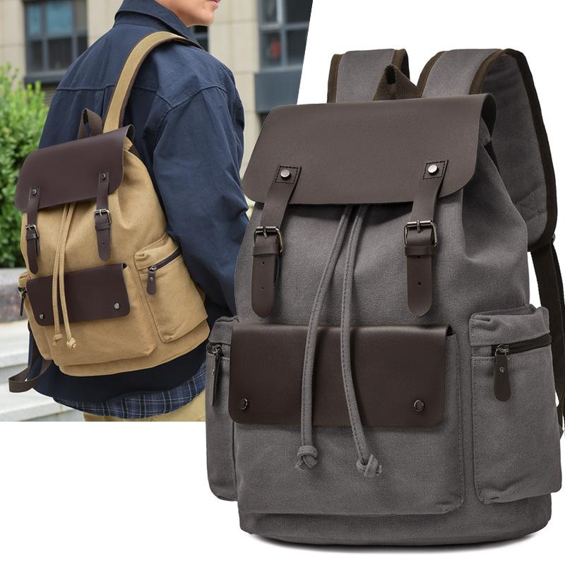 Vintage Canvas Backpack Men Large Capacity Drawstring Rucksack Casual Travel School Backpack Retro Daypack for College Students