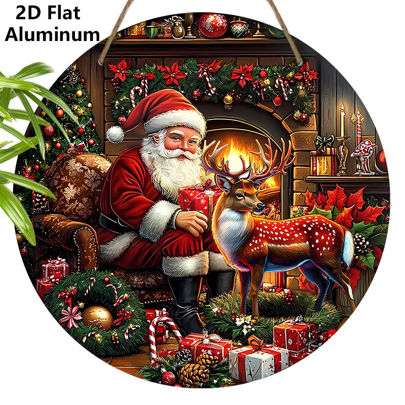 

2D Flat Aluminium Christmas Sign with Santa Claus Pattern - Classic Figurine Ornaments - Ideal for Front Door, Wall, Porch, Window Decor - Ideal 7.87×7.87inch