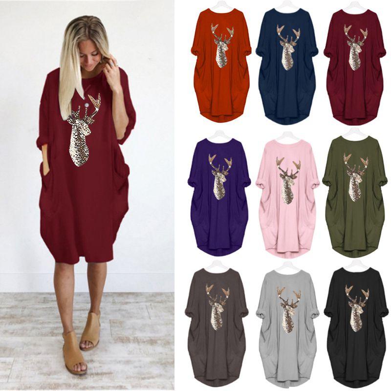 Women's Christmas Deer Pattern Printed Round Neck Dress With Full Sleeves And Stylish Design