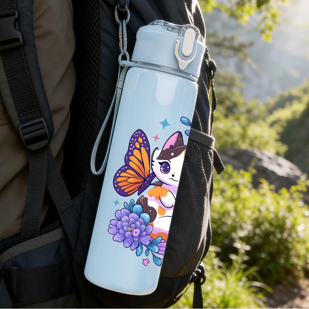 1PC Butterfly Kitten Art 750ml Color Plastic Sports Water Bottle Leakproof Flip Straw Lid Suitable for Sports Office Home Use