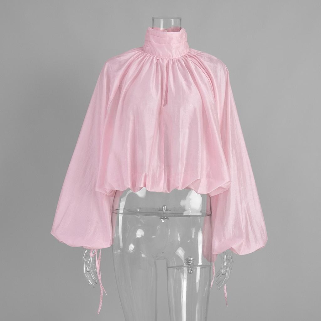 Frühling Sommer Neu Damen Durchsichtiges Ballonärmel Raffung Rüsche Stehkragen Langarm Bluse, Europäischer Amerikanischer Stil Freizeit Lässiges Hemd Top