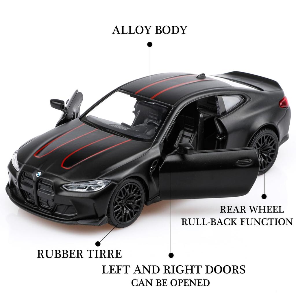 TOKAXI 1/36 Scale BMW M4 Diecast Miniature Car with Pull-Back Driving Function, Black, Birthday/Christmas Gift for Boys and Girls