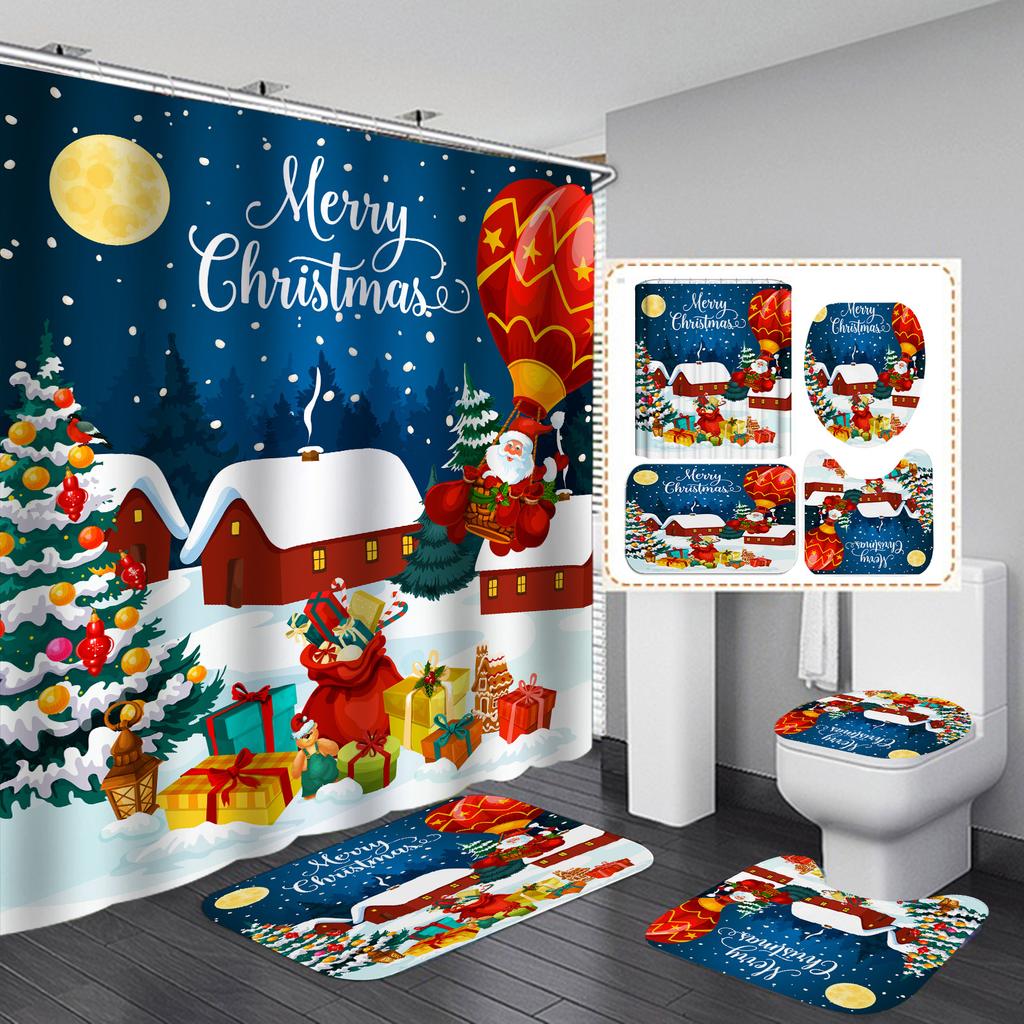 4pcs Christmas Snowman Waterproof Bathroom Curtain Non Slip Mat Set Thickened Mildew Resistant Shower Curtains for Holiday Decor