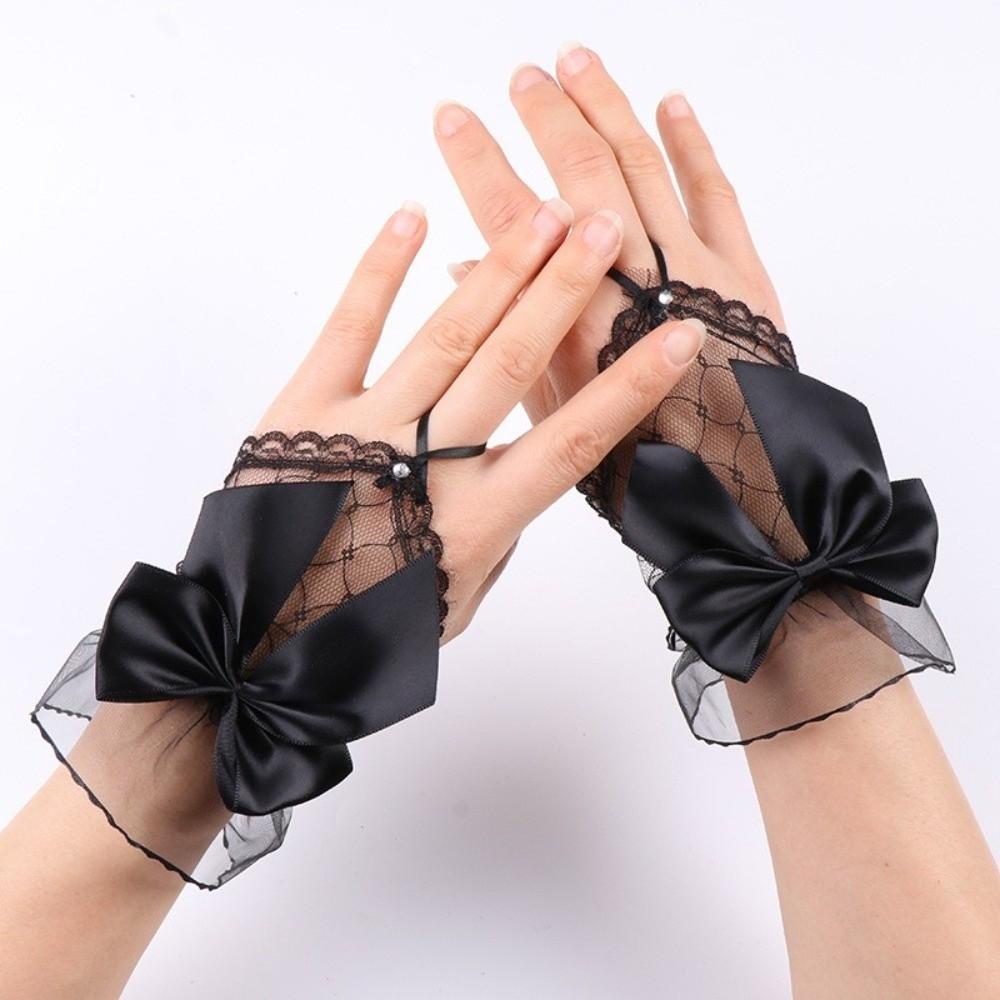1 Pair Mesh Hollow Mesh Hand Sleeves with Handmade Ribbon Bow Bride Sheer Gloves  Bridal Wear
