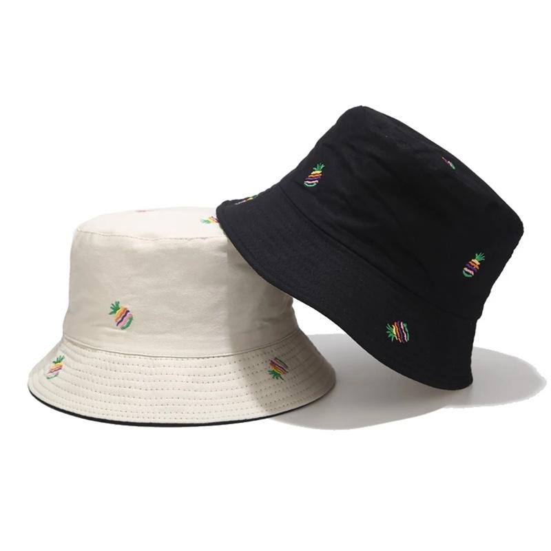 New Pineapple Embroidery Bucket Hat Unisex Double-sided Fisherman Hats Men Women Outdoor Sun Visor Travel Pot Hats