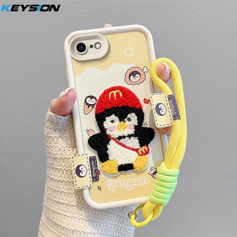 KEYSION Cartoon Cute Plush Embroidery Case for iPhone SE 2020 2022 with Lanyard Shockproof Phone Cover for iPhone 8 7 6s Plus