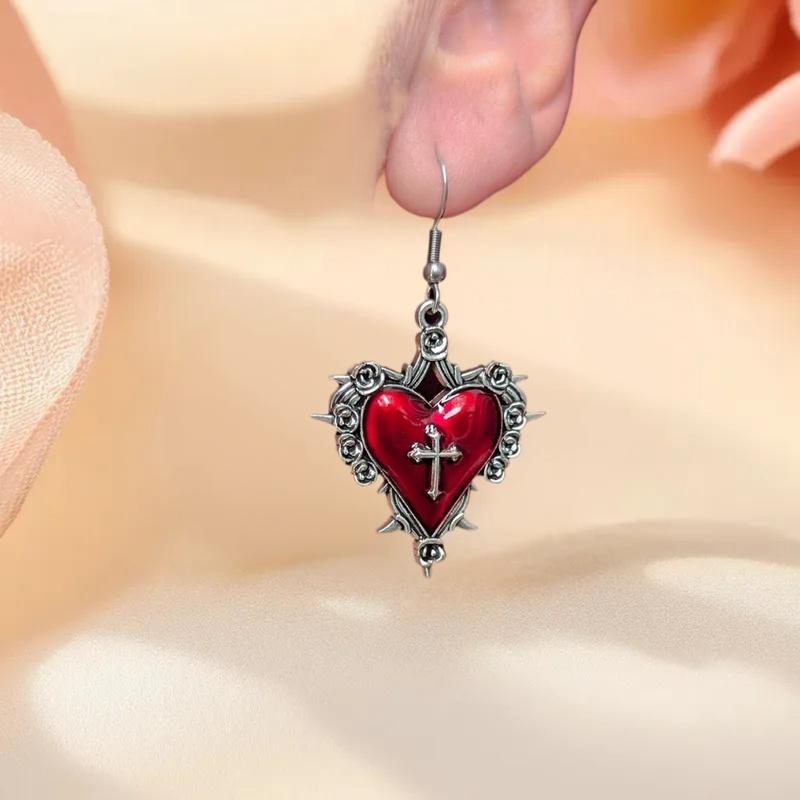 Retro Gothic Jewelry: Drip Oil Rose Charms with Thorns Heart Cross Earrings for Women