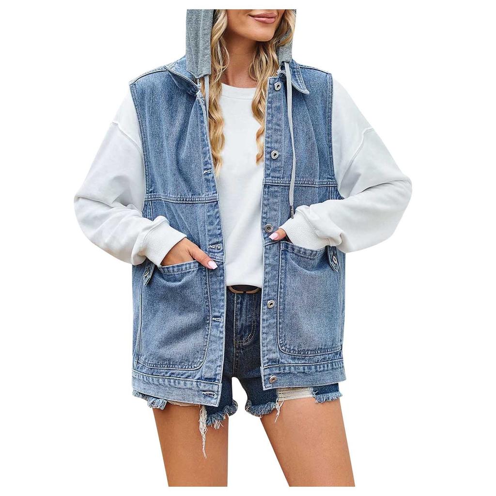 Kvinners uformelle løs vintage denimvest hettejakke