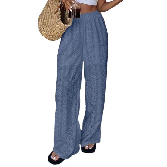 

Women Pants Elastic High Waist Wide Leg Casual Trousers Pure Color Hollow Embroidery Casual Trousers with Liner Daily Wear M синий